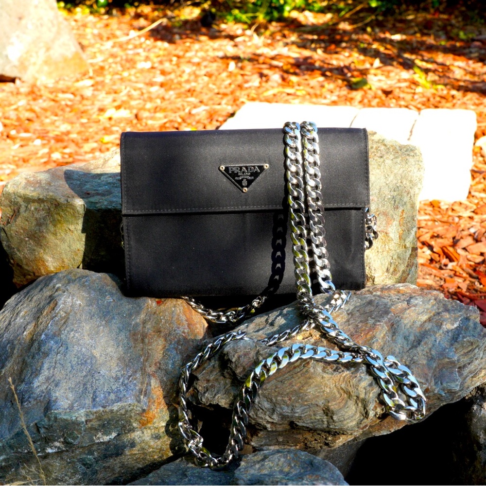 SOLD!!! Authentic Prada Nylon tri-fold wallet black cokes with chain
